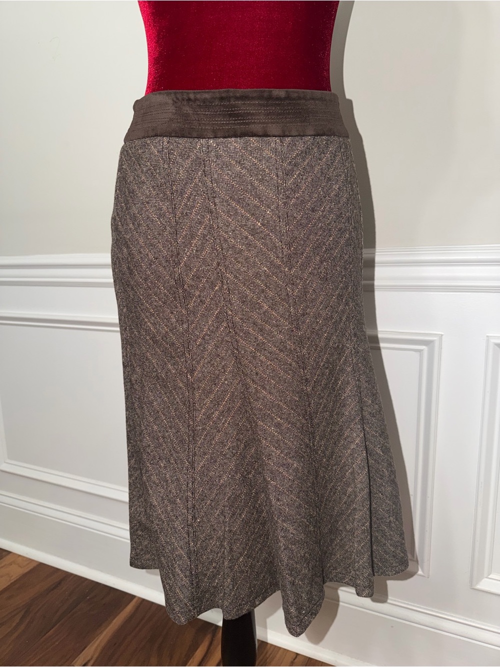 IDEM South Korea Herringbone Wool & Angora‎ Blend Midi Skirt | Brown/Beige